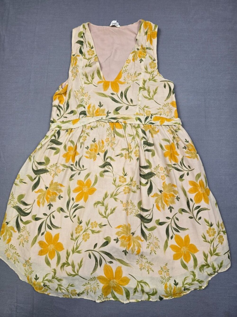 DRA Los Angeles  Womens SmallFloral Sleeveless Dress Yellow Green Beige Cotton